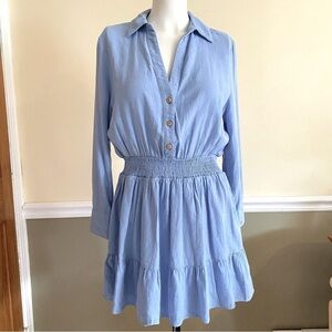 Zara Linen Blend Long Sleeve Blue Mini Dress